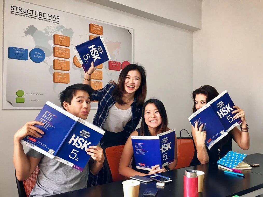 Four people hold up HSK exam books.