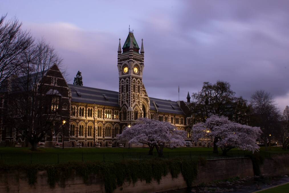 University of Otago campus building at sunset.