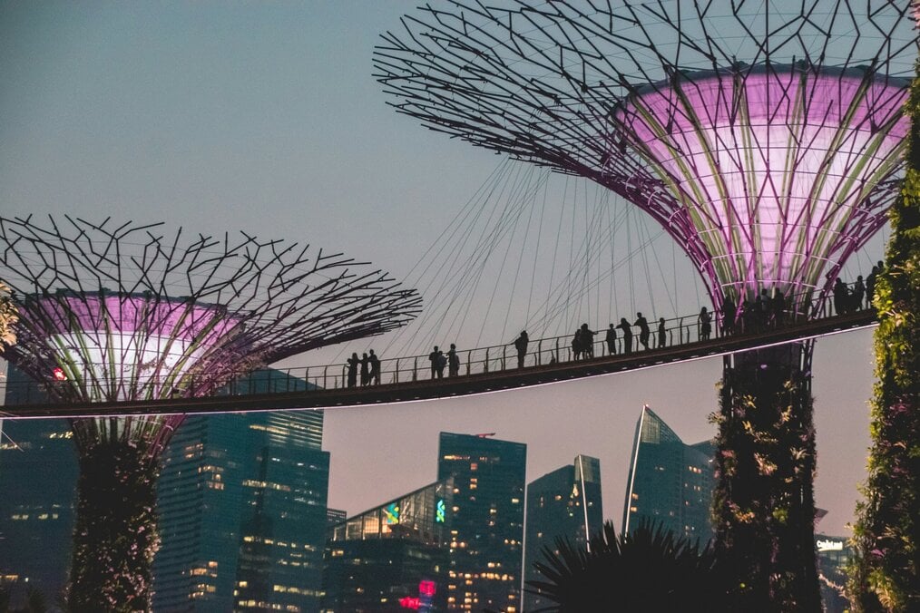 People on a suspended foot bridge in Singapore.