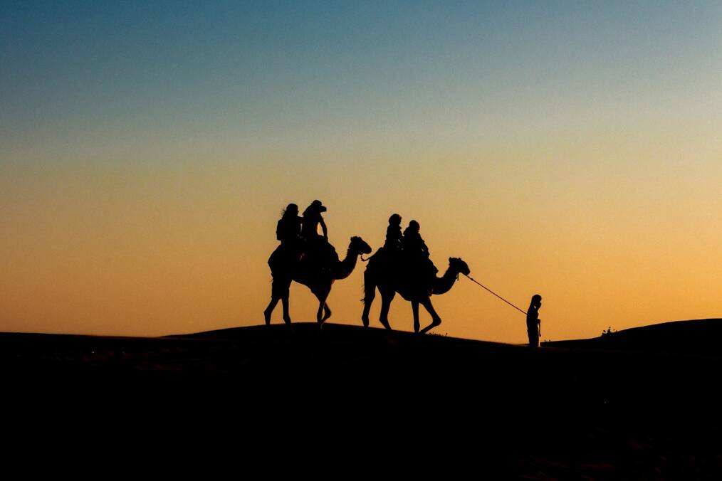 People riding camels in the destert