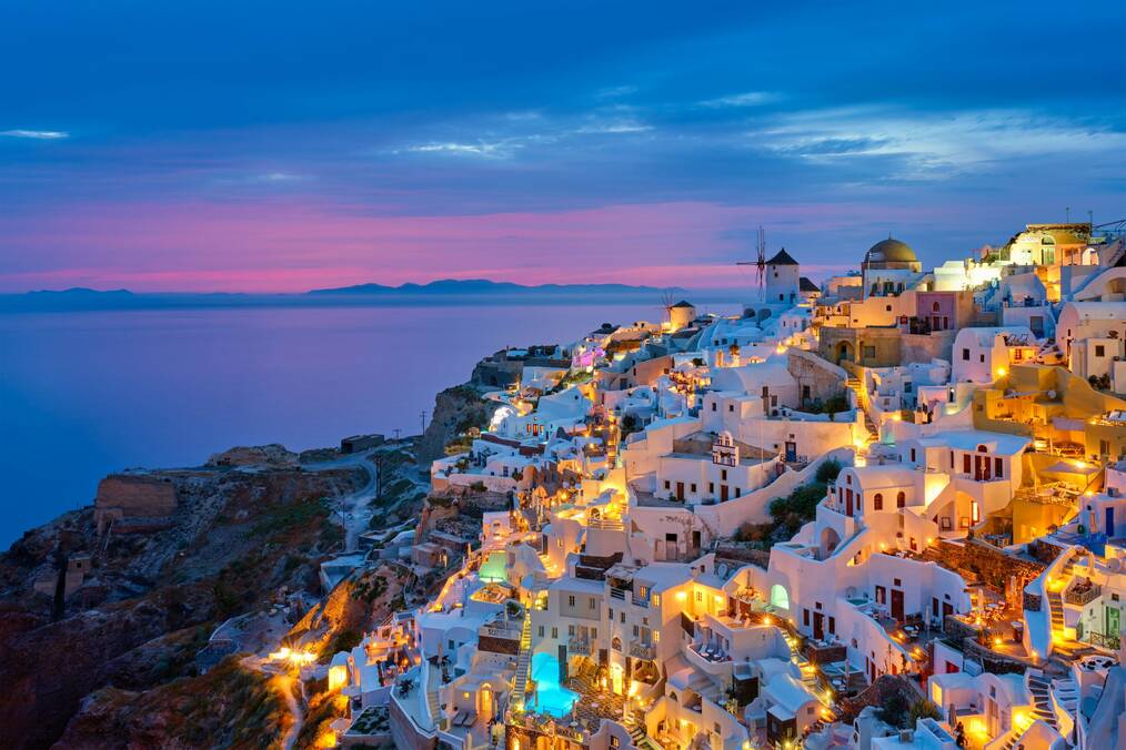 A hillside in Greece at sunset.