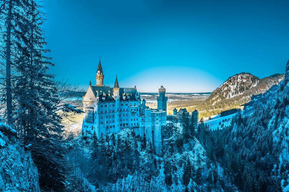 Neuschwanstein castle in Germany covered in snow