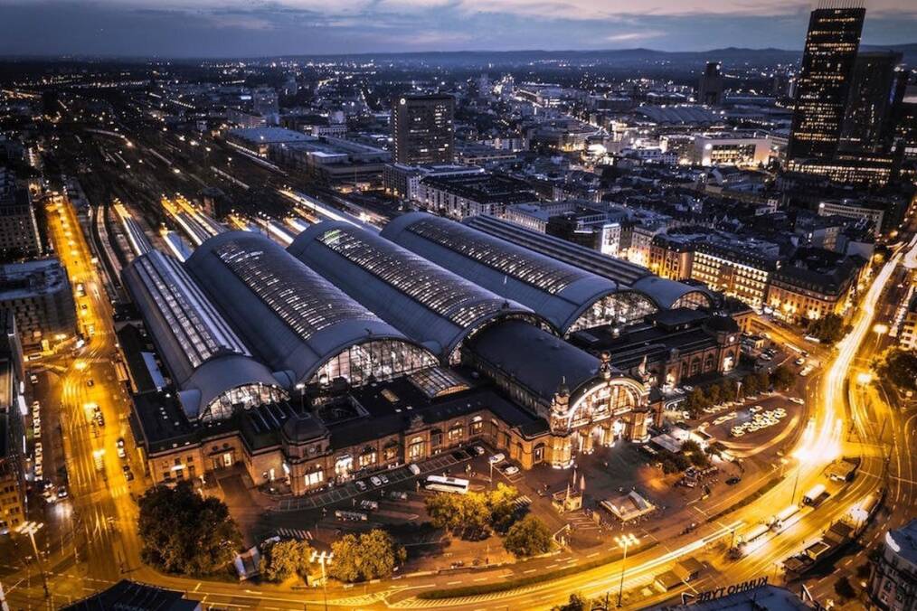 Aerial view of Frankfurt in the evening