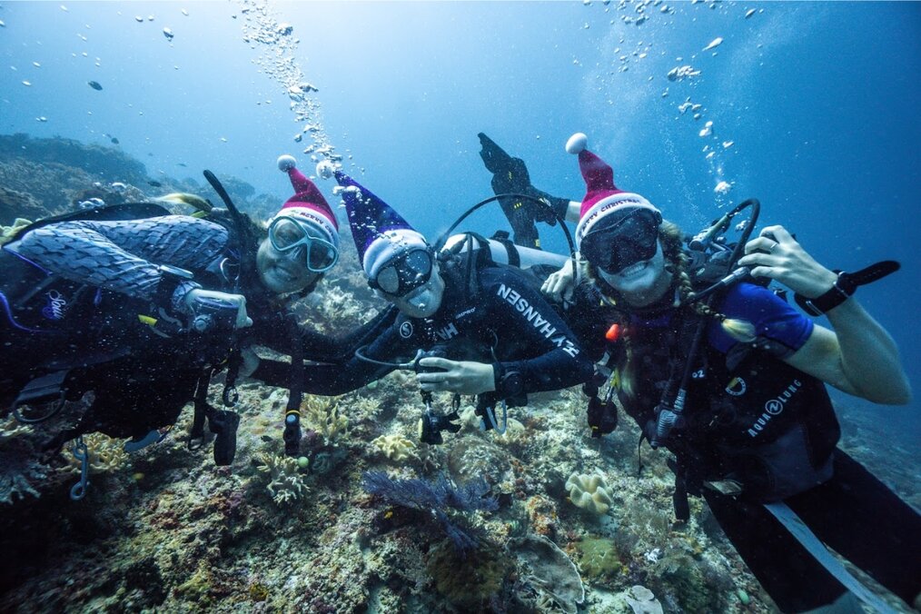 Iris S., Dive Master and Research, Indo Ocean Project Three friends diving wearing Christmas hats