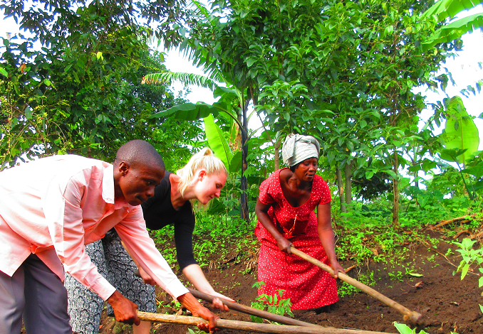 Three people use tools to plow a garden.