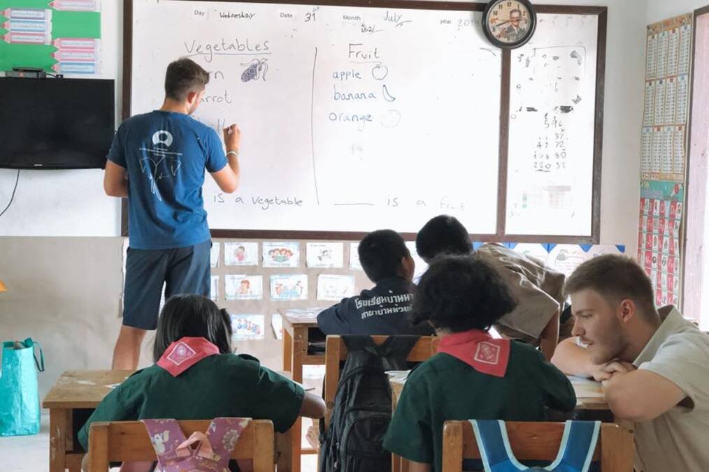 Two teachers leading a classroom 