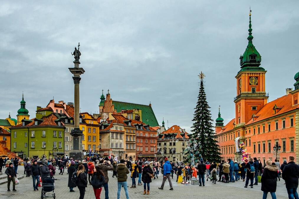 Town square with a Christmas tree in Warsaw, Poland