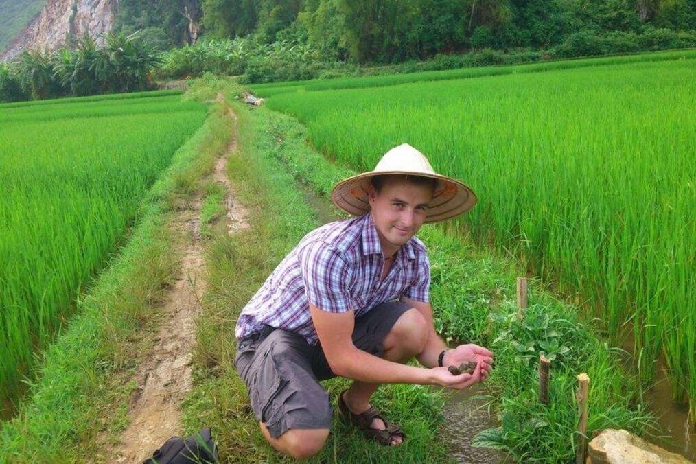A person wearing a rice paddy hat in a field in Vietnam