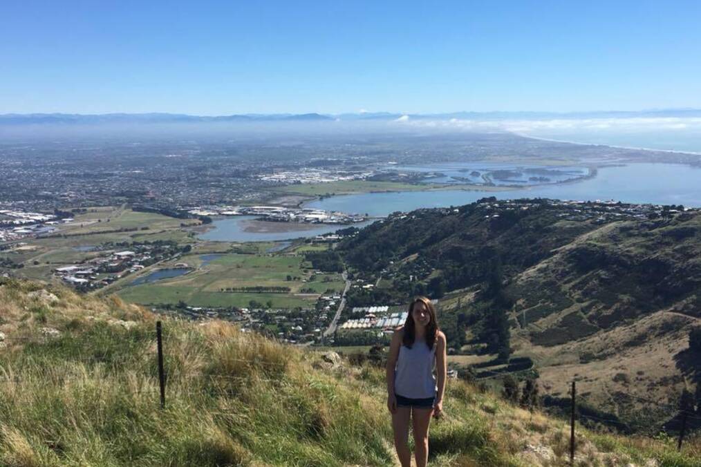 A person standing atop a hill with a scenic coastal background 
