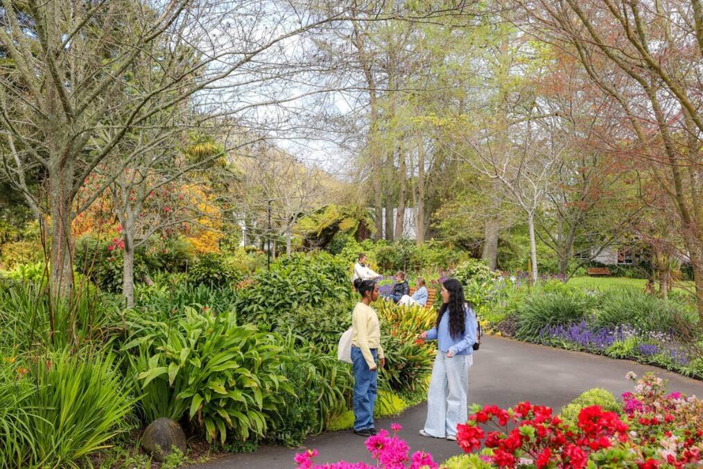 Two students talking in a green space