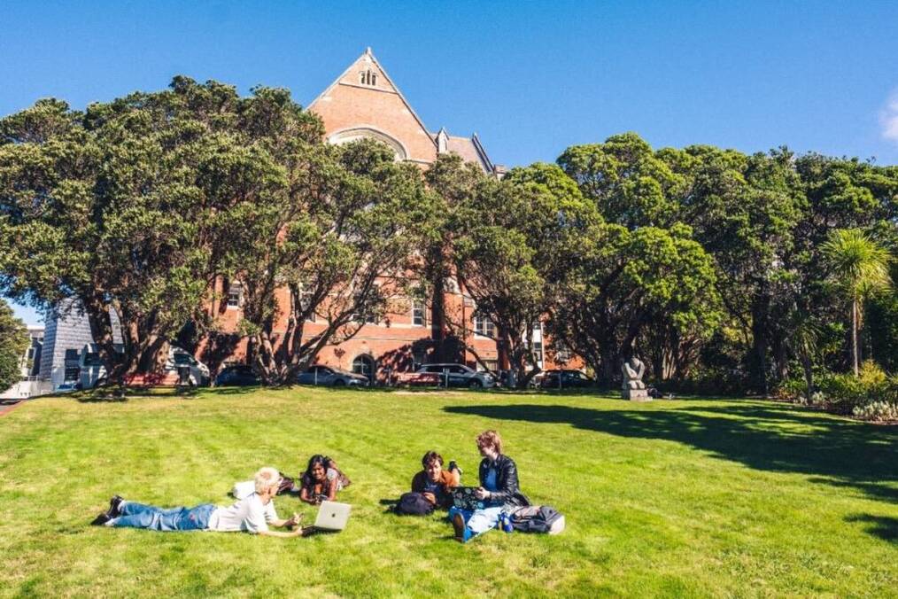 A group of students sitting on grass on university campus