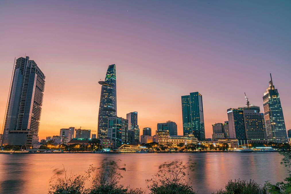 The sunset behind skyscrapers 