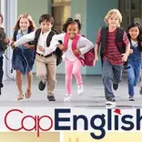 CAPENGLISH logo beneath kids running
