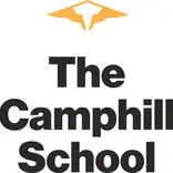 Yellow Camphill Logo: a roof or wing like image, with a white center in the middle. In black bold letters: "The Camphill School"