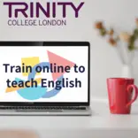 Laptop with the phrase 'Train online to teach English'