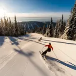 Skier on morning run, empty slopes