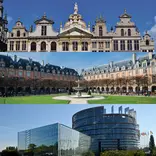 Horizontal images of ornate rooftops, a square with fountain, and a modern building