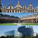 Horizontal images of ornate rooftops, a square with fountain, and a modern building