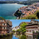 Top image: green coastline with red rooftops of a town Bottom image: Two timber-framed houses reflected in a canal 