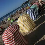 Senic and historical canopies on the Main Beach in Biarritz, France