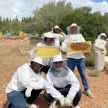 students in protective clothing showing off beekeeping