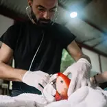 Our vet checking an injured macaw