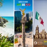 Three scenes of Mexico: beach, Mexico city and historical downtown 