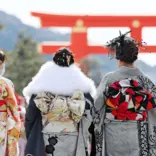 Traditional geisha walk towards a large torii gate in Japan