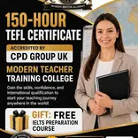 Promotional poster for a 150-Hour TEFL Certificate by Modern British Academy and Modern Teacher Training College, accredited by CPD Group UK. The image features a smiling female instructor in a blazer holding a black folder, alongside text advertising a "GIFT: FREE IELTS PREPARATION COURSE" with logos for Ofqual Regulated, The CPD Group, and Modern Teacher Training College London.
