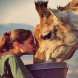 Female volunteer with a giraffe on a wildlife conservation program