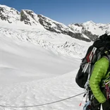 Students hike on glacier