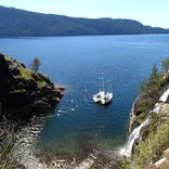 Two sailboats anchored in a sound.