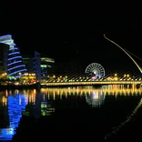 Dublin skyline reflecting off the River Liffey at night