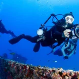 Volunteer underwater holds a camera, performs a survey.