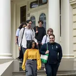 Students leaving Old Government Buildings, Pipitea campus after class.
