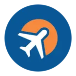 Circular blue and orange logo with airplane