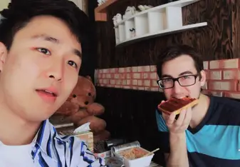 A picture with my Korean friend on a trip to Jindo's festival