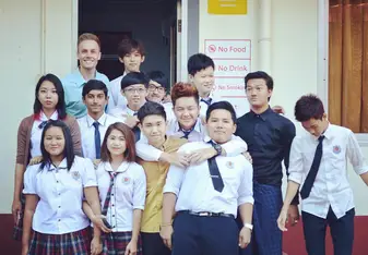Chase with some of his students in Yangon, Myanmar