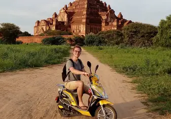 Chase on a scooter in Bagan, Myanmar.