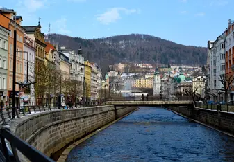 river with bridge in small town