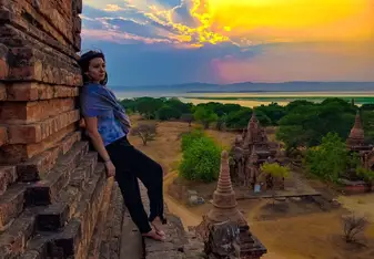 girl and sunset at Bagan Myanmar