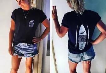 woman posing in tshirt front and back views
