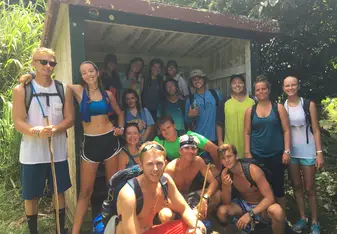 Nearly the entire crew after hiking up "The Ladder" in Saba. Several of these people hiked up to the highest point in the Netherlands, Mount Scenery.