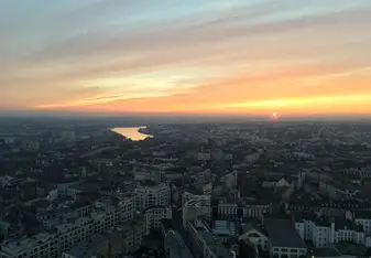 A photo of a sunset over Nantes from Le Nid, the tallest building in the city.