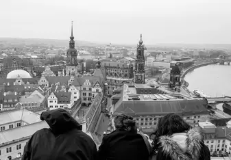 black and white group photo overlooking Berlin