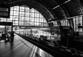 black and white of train station in Berlin