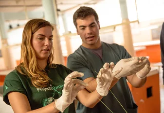 Danish Projects Abroad Medicine volunteer practices tying off a suture during a medicine workshop at the Museo de Anatomia in Cordoba, Argentina