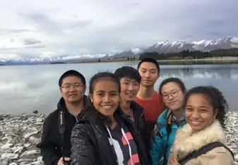 LU English Language' students standing in the front of Lake Tekapo