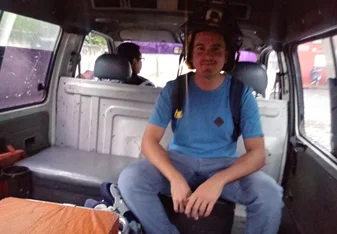 man in fire truck