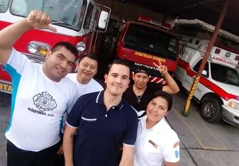 group photo at fire station